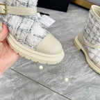 CHANEL 25S MID-CALF BOOTS 45MM IN BEIGE CALFSKIN AND WHITE TWEED GOLD HARDWARE