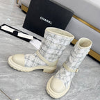 CHANEL 25S MID-CALF BOOTS 45MM IN BEIGE CALFSKIN AND WHITE TWEED GOLD HARDWARE