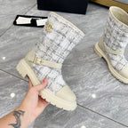 CHANEL 25S MID-CALF BOOTS 45MM IN BEIGE CALFSKIN AND WHITE TWEED GOLD HARDWRE