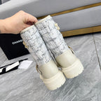 CHANEL 25S MID-CALF BOOTS 45MM IN BEIGE CALFSKIN AND WHITE TWEED GOLD HARDWRE