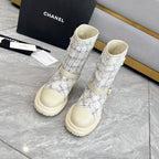 CHANEL 25S MID-CALF BOOTS 45MM IN BEIGE CALFSKIN AND WHITE TWEED GOLD HARDWARE