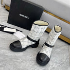 CHANEL 25S MID-CALF BOOTS 45MM IN BLACK CALFSKIN AND WHITE TWEED GOLD HARDWARE