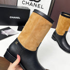 CHANEL 25S MID-CALF BOOTS 35MM IN BLACK CALFSKIN AND CARAMEL SUEDE GOLD HARDWARE