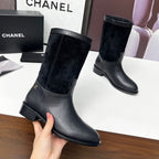 CHANEL 25S MID-CALF BOOTS 35MM IN BLACK CALFSKIN AND SUEDE GOLD HARDWARE