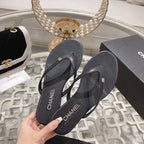 CHANEL Double  Flip Flop Thongs Black Sheepskin