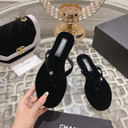 CHANEL Double  Velvet Flip Flop Thongs Black
