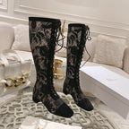 DIOR NAUGHTILY-D BOOT BLACK TRANSPARENT MESH AND SUEDE EMBROIDERED WITH ROSES MOTIF 35 MM