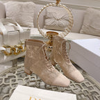DIOR NAUGHTILY-D ANKLE BOOT NUDE BEIGE TRANSPARENT MESH AND SUEDE EMBROIDERED WITH ROSES MOTIF 35 MM