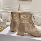 DIOR NAUGHTILY-D ANKLE BOOT NUDE BEIGE TRANSPARENT MESH AND SUEDE EMBROIDERED WITH ROSES MOTIF 35 MM