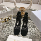 DIOR NAUGHTILY-D ANKLE BOOT BLACK TRANSPARENT MESH AND SUEDE EMBROIDERED WITH ROSES MOTIF 35 MM
