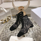 DIOR NAUGHTILY-D ANKLE BOOT BLACK TRANSPARENT MESH AND SUEDE EMBROIDERED WITH ROSES MOTIF 35 MM
