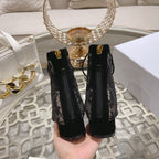 DIOR NAUGHTILY-D ANKLE BOOT BLACK TRANSPARENT MESH AND SUEDE EMBROIDERED WITH ROSES MOTIF 35 MM