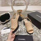 CHANEL Double C  Chunky Heel Peep-Toe Open Sandals Beige Cream Lambskin