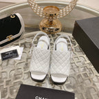 CHANEL Double C  Chunky Heel Peep-Toe Open Sandals White Lambskin