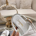CHANEL Double C  Chunky Heel Peep-Toe Open Sandals White Lambskin