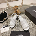 CHANEL Double C  Chunky Heel Peep-Toe Open Sandals White Lambskin
