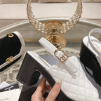 CHANEL Double C  Chunky Heel Peep-Toe Open Sandals White Lambskin