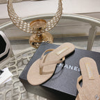 CHANEL Double  Rhinestone Flip  Flop Thongs Beige Cream Sheepskin