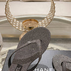 CHANEL Double  Rhinestone Flip  Flop Thongs Dark Gray Sheepskin