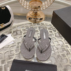 CHANEL Double  Rhinestone Flip  Flop Thongs Dark Gray Sheepskin