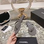 CHANEL Double  Rhinestone Flip  Flop Thongs Dark Gray Sheepskin
