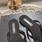 CHANEL Double  Rhinestone Flip  Flop Thongs Black Sheepskin