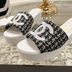 CHANEL WEDGE PLATFORM IN BLACK FABRIC WITH WHITE LOGO