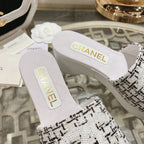 CHANEL WEDGE PLATFORM IN BLACK MIX WHITE FABRIC WITH LOGO
