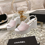 CHANEL WEDGE SANDALS IN LIGHT PINK FABRIC WITH WHITE LOGO