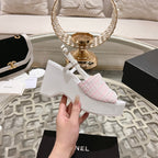 CHANEL WEDGE SANDALS IN LIGHT PINK FABRIC WITH WHITE LOGO