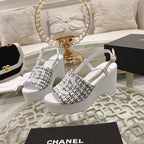 CHANEL WEDGE SANDALS IN BLACK MIX WHITE FABRIC WITH LOGO