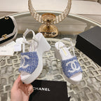 CHANEL WEDGE SANDALS IN SAPPHIRE BLUE FABRIC WITH WHITE LOGO