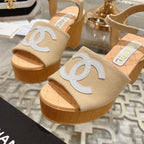 CHANEL WEDGE SANDALS IN BEIGE CREAM LAMBSKIN WITH WHITE LOGO