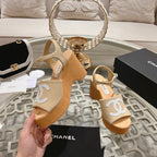 CHANEL WEDGE SANDALS IN BEIGE CREAM LAMBSKIN WITH WHITE LOGO