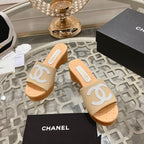 CHANEL WEDGE PLATFORM IN BEIGE CREAM LAMBSKIN WITH WHITE LOGO