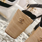 CHANEL Double   Wood Grain Platform Sandals Black Sheepskeen