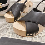 CHANEL Double   Wood Grain Platform Sandals Black Sheepskeen