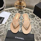 CHANEL PEARL THONG SANDAL IN SEPIA TAN SUEDE