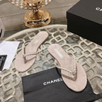 CHANEL PEARL THONG SANDAL IN PALE PINK SUEDE