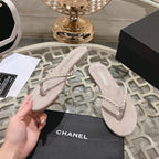 CHANEL PEARL THONG SANDAL IN PALE PINK SUEDE