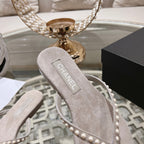 CHANEL PEARL THONG SANDAL IN PALE PINK SUEDE