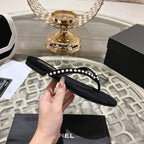 CHANEL PEARL THONG SANDAL IN BLACK SUEDE
