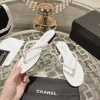 CHANEL PEARL THONG SANDAL IN WHITE LAMBSKIN