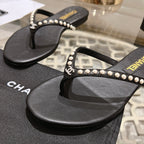 CHANEL PEARL THONG SANDAL IN BLACK LAMBSKIN