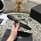 CHANEL PEARL THONG SANDAL IN BLACK LAMBSKIN