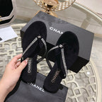 CHANEL RHINESTONES THONG SANDAL IN BLACK SUEDE