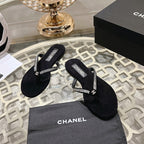 CHANEL RHINESTONES THONG SANDAL IN BLACK SUEDE