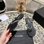 CHANEL RHINESTONES THONG SANDAL IN BLACK LAMBSKIN