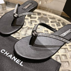 CHANEL RHINESTONES THONG SANDAL IN BLACK LAMBSKIN