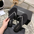 CHANEL RHINESTONES THONG SANDAL IN BLACK LAMBSKIN